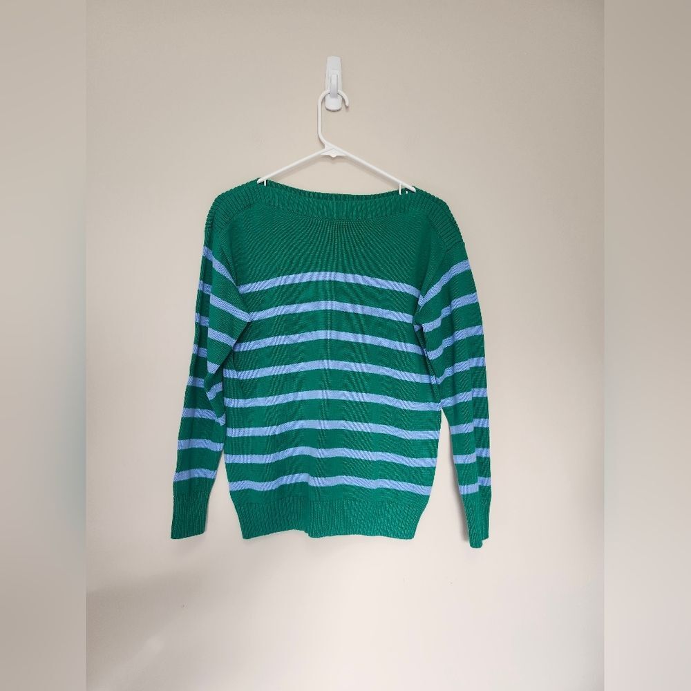 LOFT Striped Drop Shoulder Boatneck Kelly Green Light Blue Sweater XS
